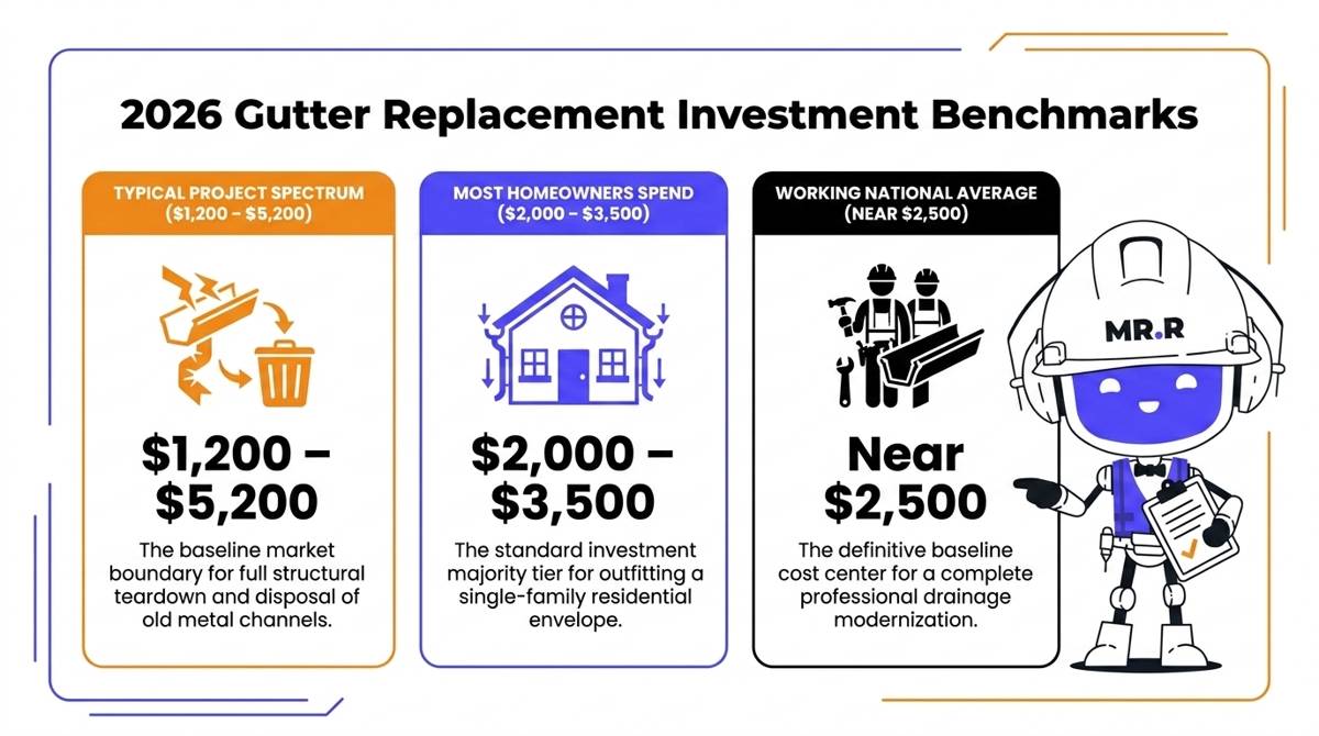 A 2026 residential budgeting infographic breaking down typical gutter replacement costs ($1,200-$5,200), the consumer majority range ($2,000-$3,500), and the $2,500 national average.